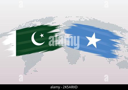 Pakistan gegen Somalia Flaggen. Islamische Republik Pakistan vs. Somalische Flaggen, isoliert auf grauem Hintergrund der Weltkarte. Vektorgrafik. Stock Vektor