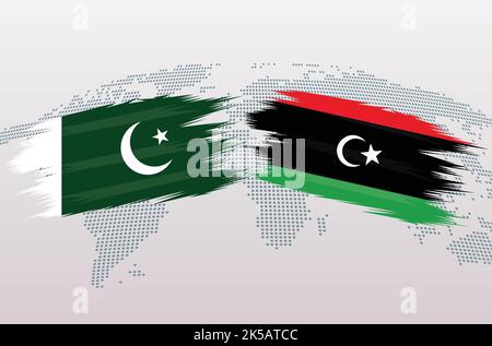 Pakistan gegen Libyen Flaggen. Islamische Republik Pakistan VS libysche Flaggen, isoliert auf grauem Hintergrund der Weltkarte. Vektorgrafik. Stock Vektor