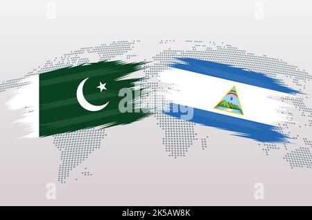 Pakistan gegen Nicaragua Flaggen. Islamische Republik Pakistan gegen Nicaragua-Flaggen, isoliert auf grauem Hintergrund der Weltkarte. Vektorgrafik. Stock Vektor