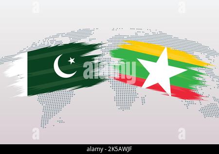 Pakistan gegen Myanmar Birma Flaggen. Islamische Republik Pakistan VS Myanmar Birma Flaggen, isoliert auf grauem Hintergrund der Weltkarte. Vektorgrafik. Stock Vektor