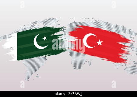 Pakistan gegen Turkiye-Flaggen. Islamische Republik Pakistan gegen Türkei-Flaggen, isoliert auf grauem Hintergrund der Weltkarte. Vektorgrafik. Stock Vektor