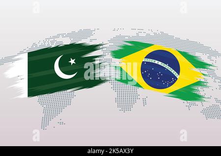 Pakistan gegen Brasilien Flaggen. Islamische Republik Pakistan gegen Brasilien Flaggen, isoliert auf grauem Hintergrund der Weltkarte. Vektorgrafik. Stock Vektor