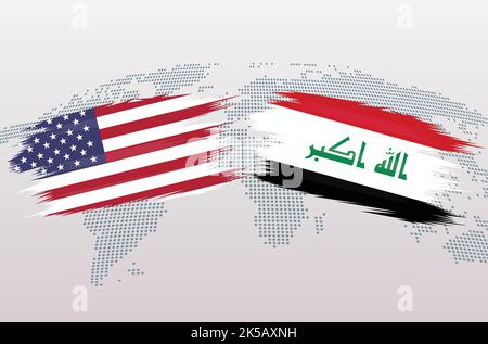 USA gegen Irak Flaggen. Die Vereinigten Staaten von Amerika gegen Irak-Flaggen, isoliert auf grauem Hintergrund der Weltkarte. Vektorgrafik. Stock Vektor