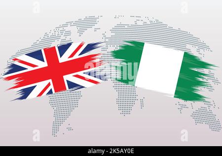 Britische Flaggen Großbritannien und Nigeria. Das Vereinigte Königreich gegen Nigeria Flaggen, isoliert auf grauem Hintergrund der Weltkarte. Vektorgrafik. Stock Vektor