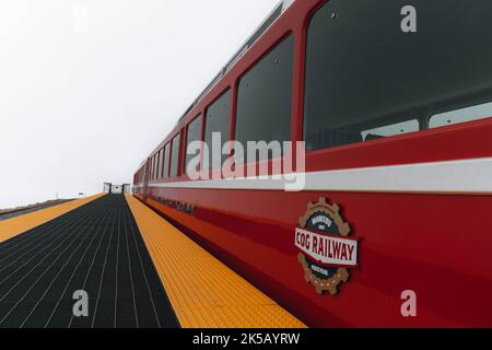 Die Broadmoor Manitou und Pikes Peak Cog mit Glasfenstern an der Station, Seitenaufnahme Stockfoto