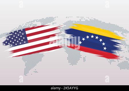 USA gegen Venezuela Flaggen. Die Flaggen der Vereinigten Staaten von Amerika gegen Venezuela, isoliert auf grauem Hintergrund der Weltkarte. Vektorgrafik. Stock Vektor