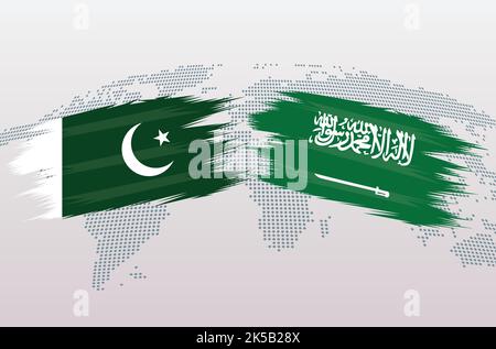 Pakistan gegen Saudi-Arabien Flaggen. Islamische Republik Pakistan VS KSA Saudi-Arabien Flaggen, isoliert auf grauem Hintergrund der Weltkarte. Vektorgrafik. Stock Vektor