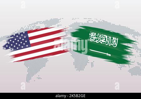 USA GEGEN KSA-FLAGGEN. Die Flaggen der Vereinigten Staaten von Amerika gegen das Königreich Saudi-Arabien, isoliert auf grauem Hintergrund der Weltkarte. Vektorgrafik. Stock Vektor