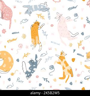 Nahtloses Muster mit niedlichen bunten Katzen. Handgezeichnete Vektordarstellung von Kätzchen für Geschenkpapier, Stoffdruck, Kindertextilien, Cover, Kartendesign Stock Vektor