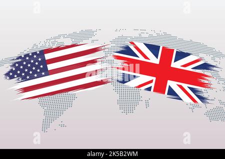 FLAGGEN USA VS. GROSSBRITANNIEN. Die Vereinigten Staaten von Amerika gegen Großbritannien Großbritannien Flaggen, isoliert auf grauem Hintergrund der Weltkarte. Vektorgrafik. Stock Vektor