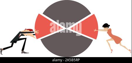 Business Person – das letzte Stück des Marktanteils – Tortendiagramm. Ein Geschäftsmann und eine Geschäftsfrau, die ein letztes Stück in die richtige Position schieben, um ein Tortendiagramm für Marktanteile zu erstellen Stock Vektor