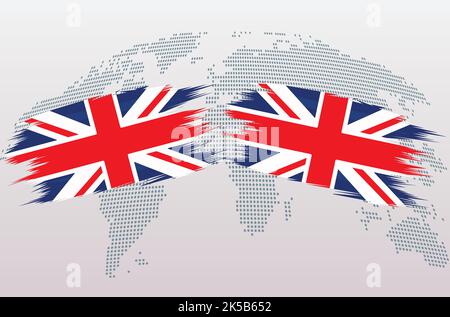 Britische Flaggen Großbritannien und Großbritannien. Die Flaggen des Vereinigten Königreichs gegen das Vereinigte Königreich, isoliert auf grauem Hintergrund der Weltkarte. Vektorgrafik. Stock Vektor