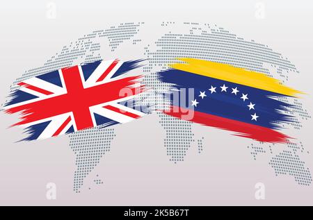 Britische Flaggen Großbritannien und Venezuela. Die Flaggen des Vereinigten Königreichs gegen Venezuela, isoliert auf grauem Hintergrund der Weltkarte. Vektorgrafik. Stock Vektor