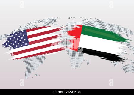 USA GEGEN VAE-FLAGGEN. Die Vereinigten Staaten von Amerika gegen die Flaggen der Vereinigten Arabischen Emirate, isoliert auf grauem Hintergrund der Weltkarte. Vektorgrafik. Stock Vektor