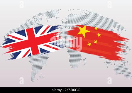 Britische Flaggen Großbritannien und China. Die Flaggen des Vereinigten Königreichs gegen China, isoliert auf grauem Hintergrund der Weltkarte. Vektorgrafik. Stock Vektor