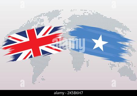 Britische Flaggen Großbritannien und Somalia. Das Vereinigte Königreich gegen somalische Flaggen, isoliert auf grauem Hintergrund der Weltkarte. Vektorgrafik. Stock Vektor