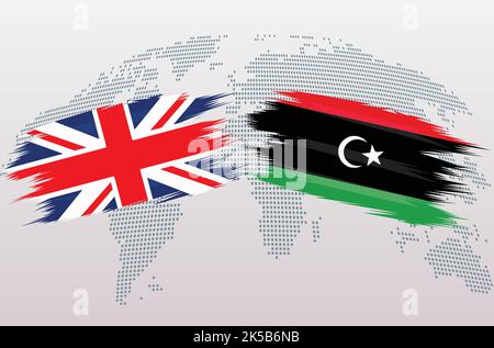 Britische Flaggen Großbritannien und Libyen. Das Vereinigte Königreich gegen Libyen Flaggen, isoliert auf grauem Hintergrund der Weltkarte. Vektorgrafik. Stock Vektor