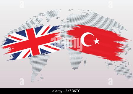 Britische Flaggen Großbritannien und Türkei. Das Vereinigte Königreich gegen türkische Flaggen, isoliert auf grauem Hintergrund der Weltkarte. Vektorgrafik. Stock Vektor