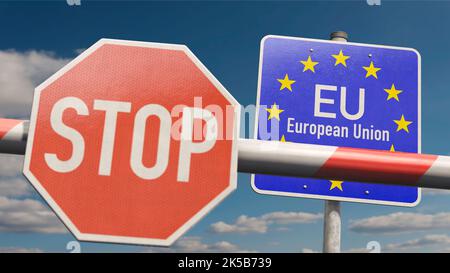 Barriere mit STOPPSCHILD und Infoschild „EU European Union“ Stockfoto