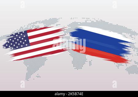 USA gegen Russland Flaggen. Die Vereinigten Staaten von Amerika gegen russische Flaggen, isoliert auf grauem Hintergrund der Weltkarte. Vektorgrafik. Stock Vektor