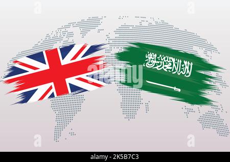 Britische Flaggen Großbritannien und Saudi-Arabien. Das Vereinigte Königreich gegen Saudi-arabische Flaggen, isoliert auf grauem Hintergrund der Weltkarte. Vektorgrafik. Stock Vektor