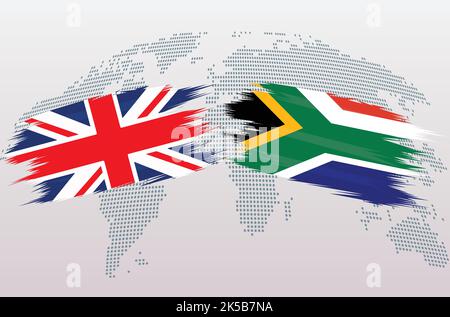 Britische Flaggen Großbritannien und Südafrika. Großbritannien gegen südafrikanische Flaggen, isoliert auf grauem Hintergrund der Weltkarte. Vektorgrafik. Stock Vektor