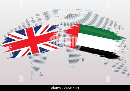 Britische Flaggen Großbritannien und VAE. Die Flaggen des Vereinigten Königreichs und der Vereinigten Arabischen Emirate, isoliert auf grauem Hintergrund der Weltkarte. Vektorgrafik. Stock Vektor