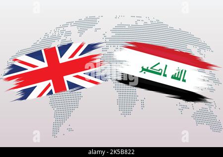 Britische Flaggen Großbritannien und Irak. Die Flaggen des Vereinigten Königreichs und des Irak, isoliert auf grauem Hintergrund der Weltkarte. Vektorgrafik. Stock Vektor