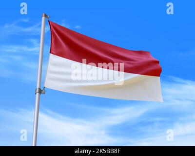 Wunderschöne indonesische Flagge, die im Wind winkt, mit Himmelshintergrund - 3D Abbildung - 3D Rendering Stockfoto
