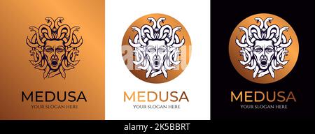 Medusa gorgon-Logo. Kopf einer Frau mit Schlangen. Schützendes Amulett. Logo für verschiedene Richtungen. Stock Vektor
