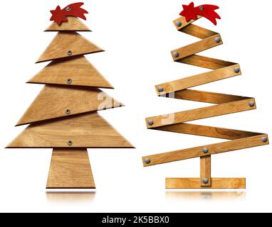 3D Illustration von zwei kleinen hölzernen Weihnachtsbäumen mit rotem Kometenstern isoliert auf weißem Hintergrund und Reflexionen. Stockfoto