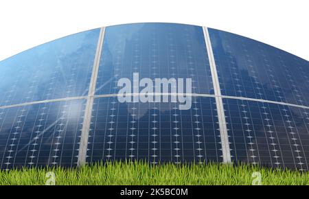 3D Abbildung einer Gruppe von Sonnenkollektoren mit Reflexion des Himmels auf einer grünen Wiese, isoliert auf weißem Hintergrund. Stockfoto