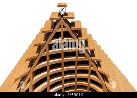 Nahaufnahme einer modernen Architektur aus verleimtem Schichtholz (Holz), isoliert auf weißem Hintergrund, Fotografie. Stockfoto