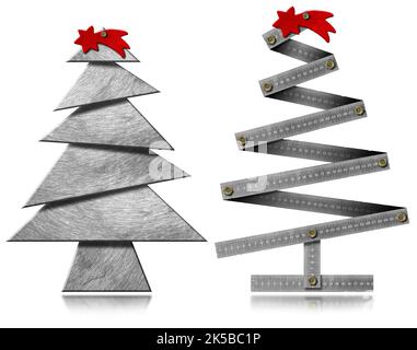 3D Illustration von zwei kleinen Metall-Weihnachtsbäumen mit rotem Kometenstern isoliert auf weißem Hintergrund und Reflexionen. Stockfoto