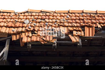 Nahaufnahme eines beschädigten Dachs mit terrakottafarbenen Dachziegeln (Pantiles, Coppo in italienischer Sprache). Isoliert auf weißem Hintergrund, Fotografie. Stockfoto