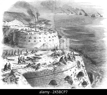 „Sebastopol; Szene am Morgen nach dem Angriff der Marine auf Sebastopol - die oberen Batterien: Fort Constantine, Fort Alexander und das Telegraph Fort“, 1854. Aus „Cassell's Illustrated Family Paper; London Weekly 31 Dec 1853 to 30 Dec 1854“. Stockfoto