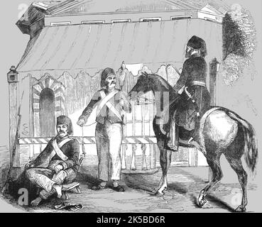 „Sebastopol; türkische Soldaten auf der Wache, vor der Einführung der neuen Disipline“, 1854. Aus „Cassell's Illustrated Family Paper; London Weekly 31 Dec 1853 to 30 Dec 1854“. Stockfoto