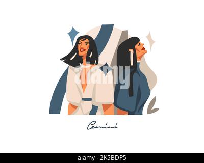 Hand gezeichnet Vektor Stock abstrakt flach Grafik Illustration mit Sternzeichen astrologische Zeichen Zwillinge mit Schönheit Magie weibliche Sammlung, Cartoon künstlerische Stock Vektor