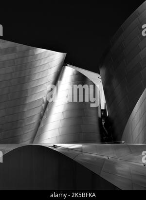 Eine Graustufe der Walt Disney Concert Hall Fassade in Los Angeles - geeignet für eine Tapete Stockfoto