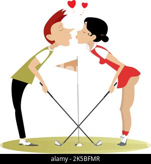 Golfplatz. Mann und Frau verlieben sich und küssen sich. Ich liebe ein Paar, das sich auf dem Golfplatz küsst. Isoliert auf weißem Hintergrund Stock Vektor
