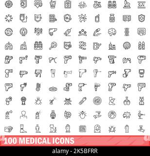100 medizinische Symbole eingestellt. Skizzieren Sie die Darstellung von 100 medizinischen Symbolen, Vektorset isoliert auf weißem Hintergrund Stock Vektor