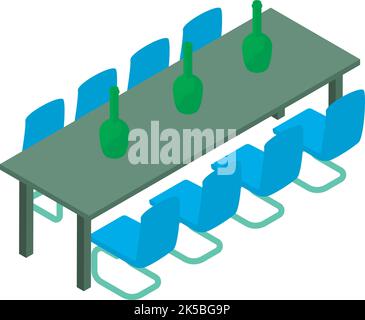 Isometrischer Vektor für Konferenzmöbel-Symbol. Glasflasche auf langem Tisch und Stuhl. Büromöbel, Firmenfeier, Feier Stock Vektor