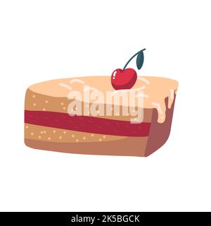 vector Icon Fruit Biscuit Kuchen mit Kirsche.Stück geschichteten Schokoladenkuchen mit Maraschino Kirsche. Handgezeichnete Kuchenscheibe isolierte Abbildung Stock Vektor