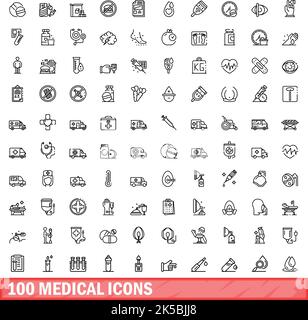 100 medizinische Symbole eingestellt. Skizzieren Sie die Darstellung von 100 medizinischen Symbolen, Vektorset isoliert auf weißem Hintergrund Stock Vektor