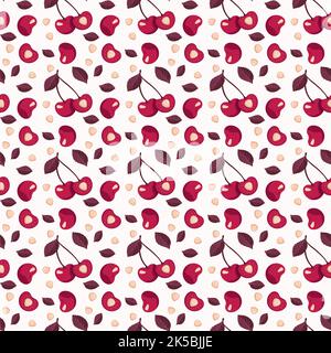 Cherry Berry Nahtloses Muster mit Blättern, Druck auf rosafarbenem Hintergrund in monochromen Farben. Vektor-flache Illustration mit verschiedenen roten Elementen für Frühling und Sommer. Vektorgrafik flach Stock Vektor