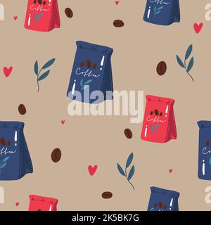 Vektor Hand gezeichnet Stil Kaffee in Packungen patten.verschiedene Arten von Kaffeetassen .Bunte, warme Farben, Stock Vektor