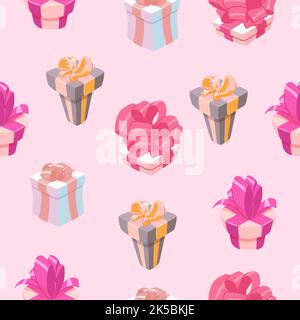 Ein Muster aus verschiedenen Geschenkschachteln auf einem rosa Hintergrund zum Drucken und Design. Vektorgrafik. Stock Vektor