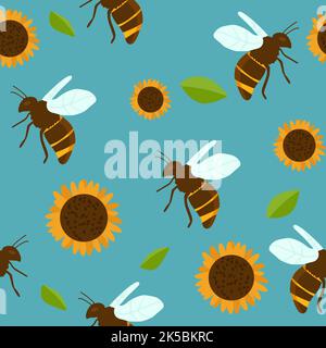 Vektor nahtlose Muster mit fliegenden Cartoon Bienen und Blumen Hintergrund. Illustration für Kinder für Zeitschriften, Bücher, Poster, Karten, Webseiten. Stock Vektor