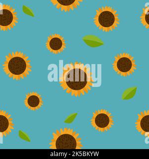 Vektor Sonnenblume isoliert auf blauem Hintergrund. Handgezeichnete flache Sonnenblume Illustration. Sommerblumen-Cliparts. Wildblumen-Poster. Stock Vektor