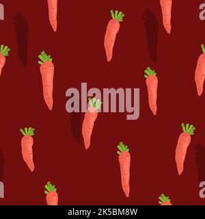Nahtloses Muster mit Karotte auf pastellrotem Hintergrund. Handgezeichnete Vektorgrafik. Stock Vektor
